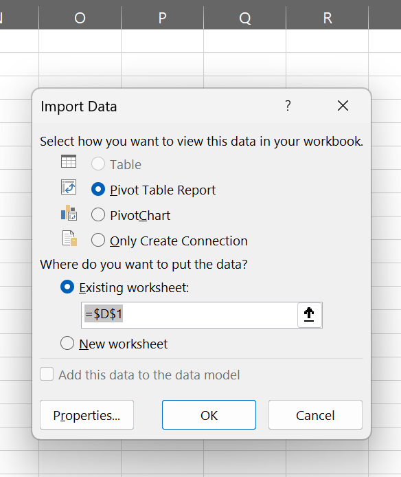 Excel Import Data dialog with PivotTable Report selected