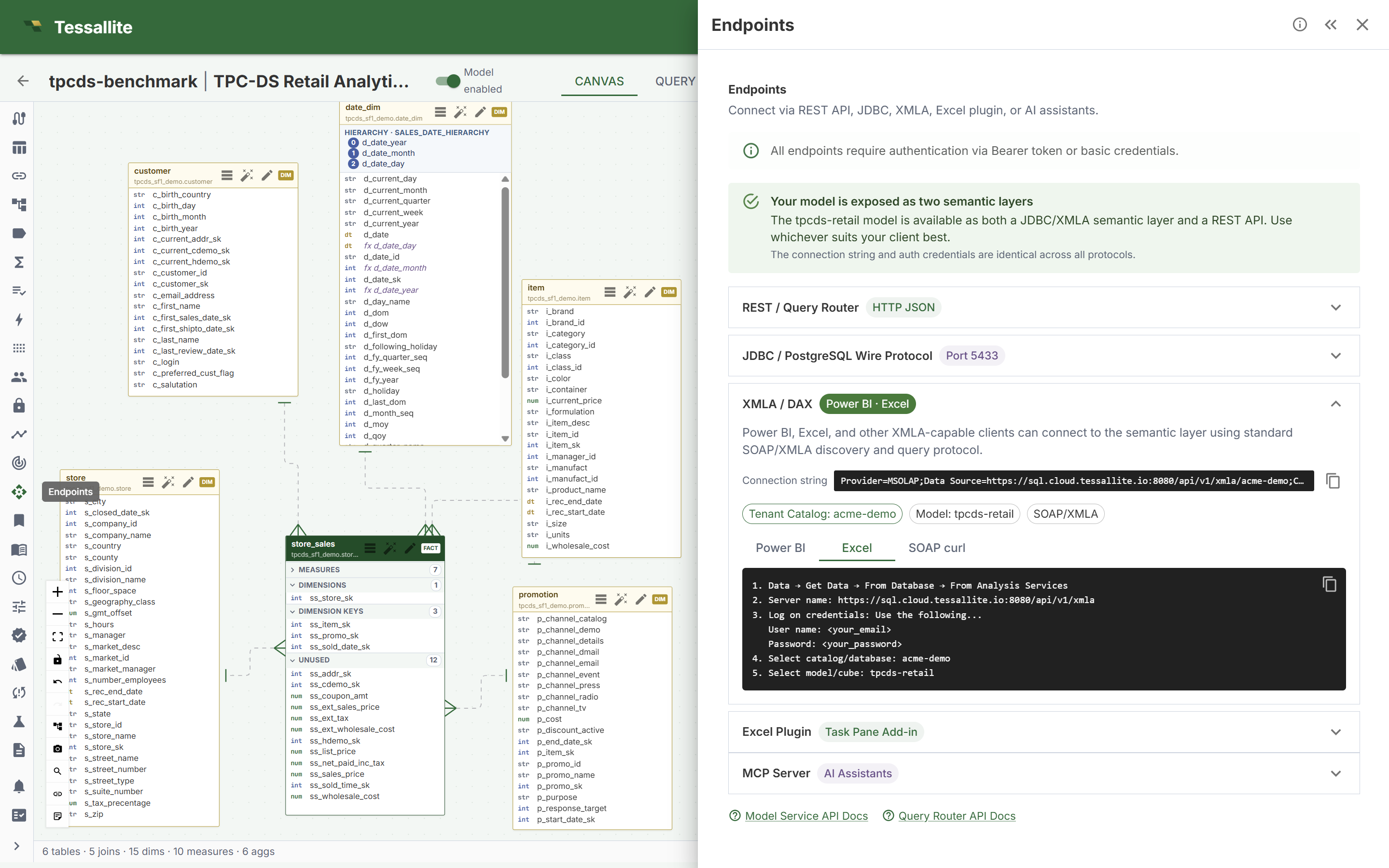 Tessallite Endpoints panel showing the XMLA connection string and the Excel connection steps