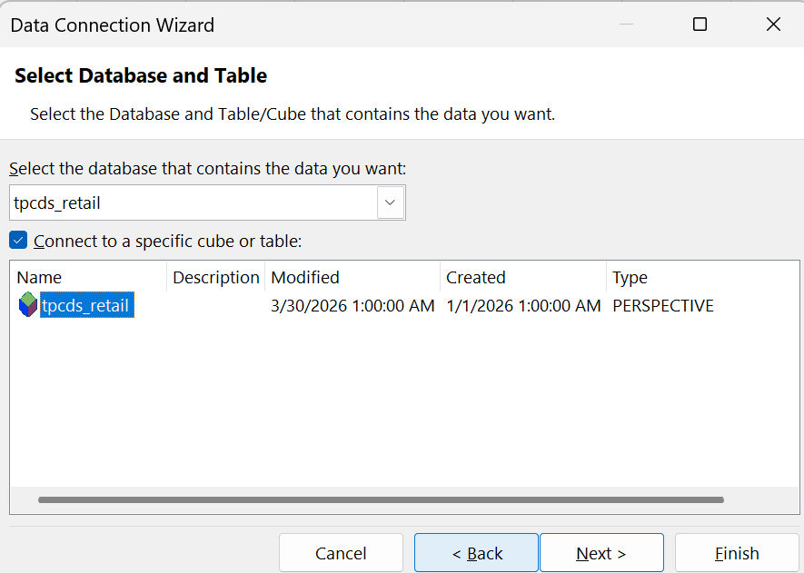 Excel Data Connection Wizard selecting the tpcds_retail database and cube
