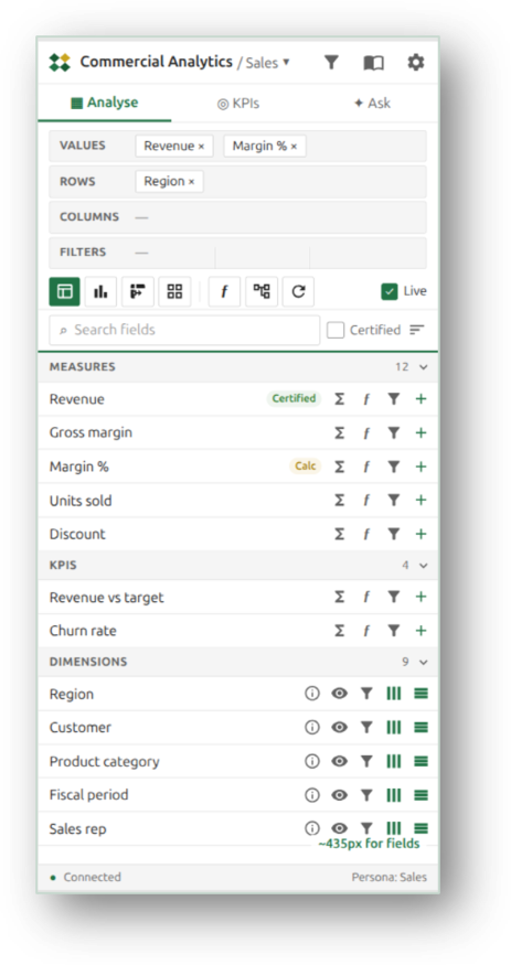 Tessallite add-in Analyse tab with values, rows, columns and filters areas above the field list