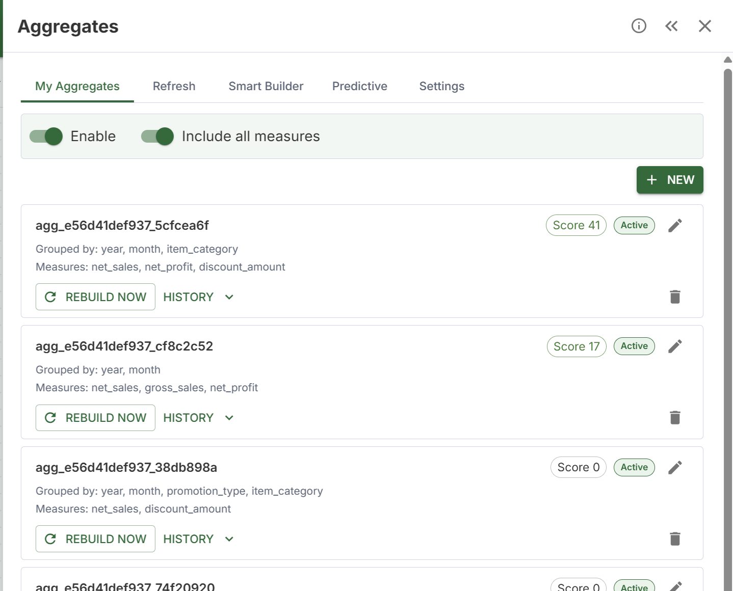 Tessallite Aggregates screen listing active aggregate tables and rebuild controls