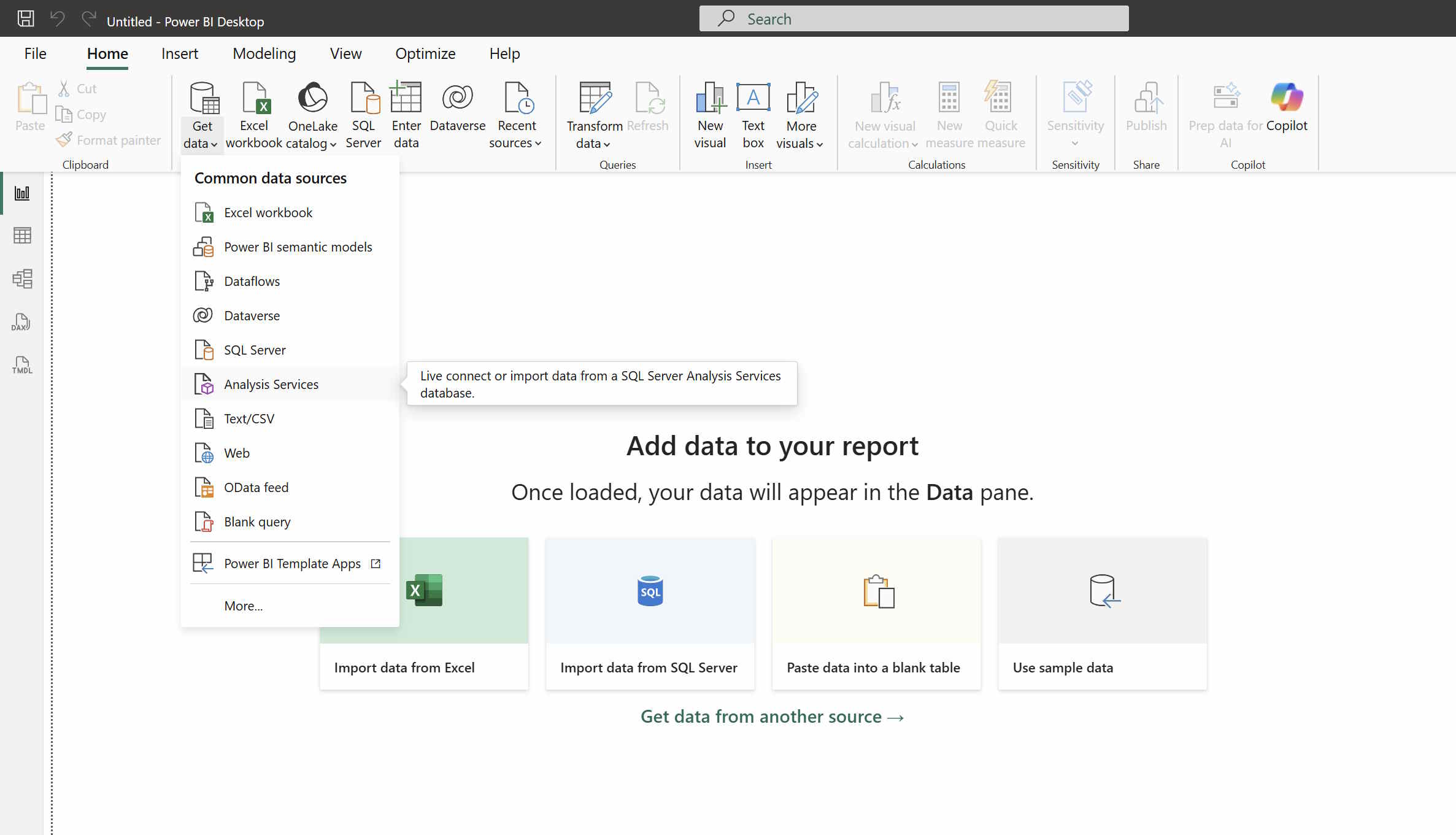 Power BI Analysis Services connection menu