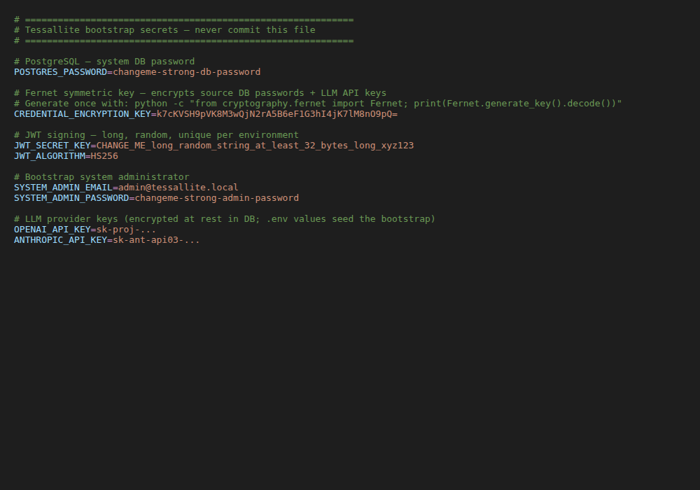 Editor view of the .env file with bootstrap credentials.