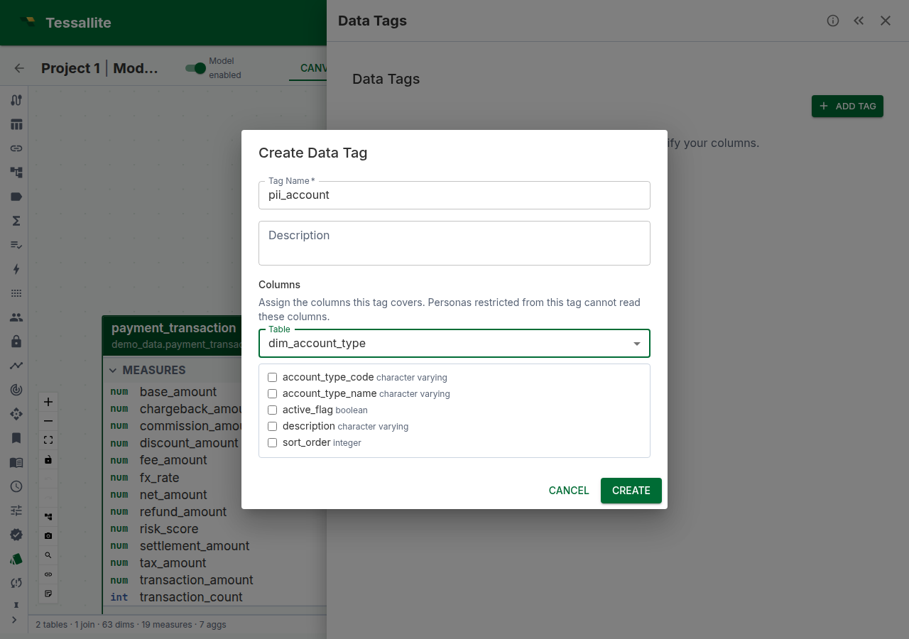 Live Data Tags drawer opened from Model Builder.